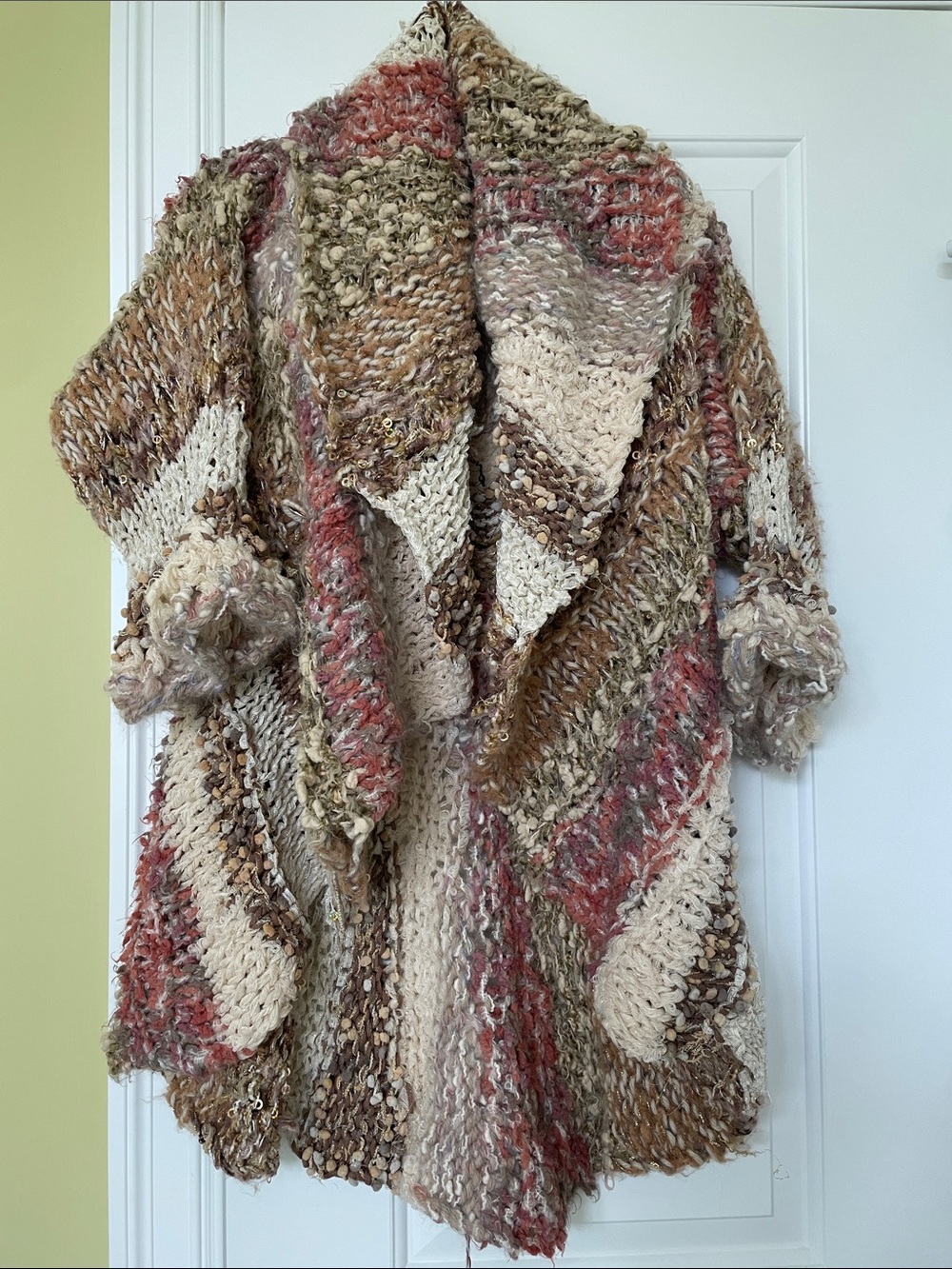 One of a Kind Chunky Open-Front Multicolor Women's Sweater - Cream, Brown & Rust